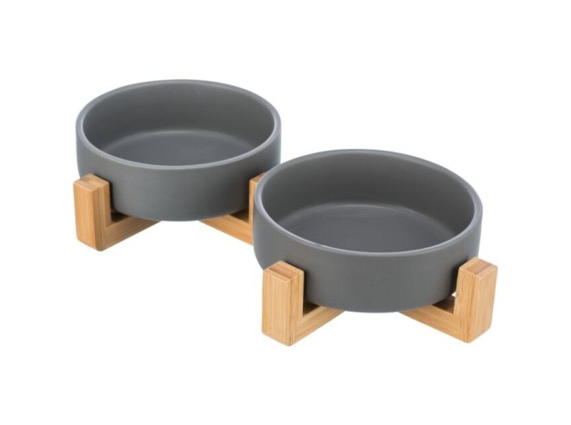 Soporte de bambu con cuencos de porcelana para perros